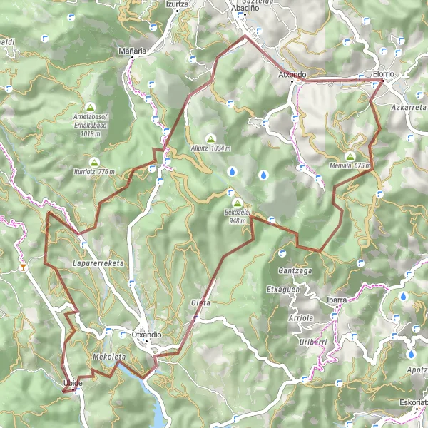 Miniaturní mapa "Gravel trasa s výškovým rozdílem 1891 m a délkou 57 km" inspirace pro cyklisty v oblasti País Vasco, Spain. Vytvořeno pomocí plánovače tras Tarmacs.app