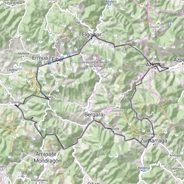 Miniatura della mappa di ispirazione al ciclismo "Giro in Bicicletta da Elorrio a Zumarraga" nella regione di País Vasco, Spain. Generata da Tarmacs.app, pianificatore di rotte ciclistiche