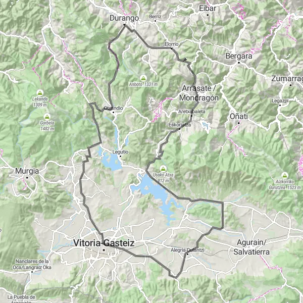 Miniatura della mappa di ispirazione al ciclismo "Giro in bicicletta da Elorrio" nella regione di País Vasco, Spain. Generata da Tarmacs.app, pianificatore di rotte ciclistiche