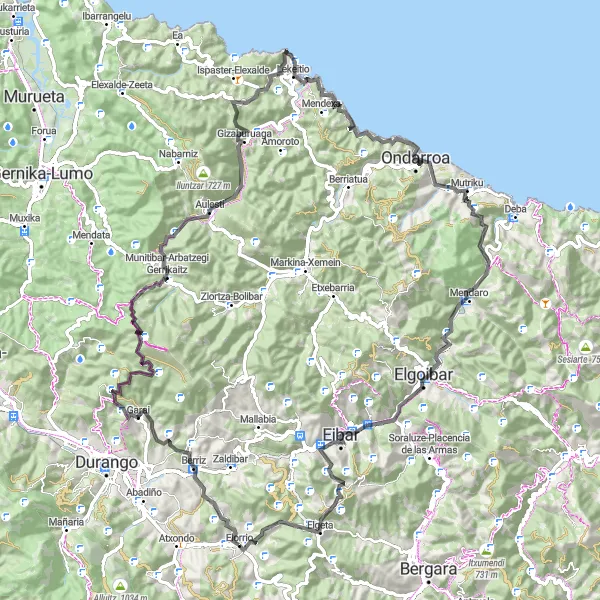 Miniatura della mappa di ispirazione al ciclismo "Tour in Bicicletta da Elorrio a Elgeta" nella regione di País Vasco, Spain. Generata da Tarmacs.app, pianificatore di rotte ciclistiche