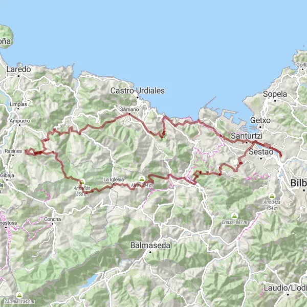 Miniatura della mappa di ispirazione al ciclismo "Giro su sterrato da Erandio - 123 km" nella regione di País Vasco, Spain. Generata da Tarmacs.app, pianificatore di rotte ciclistiche