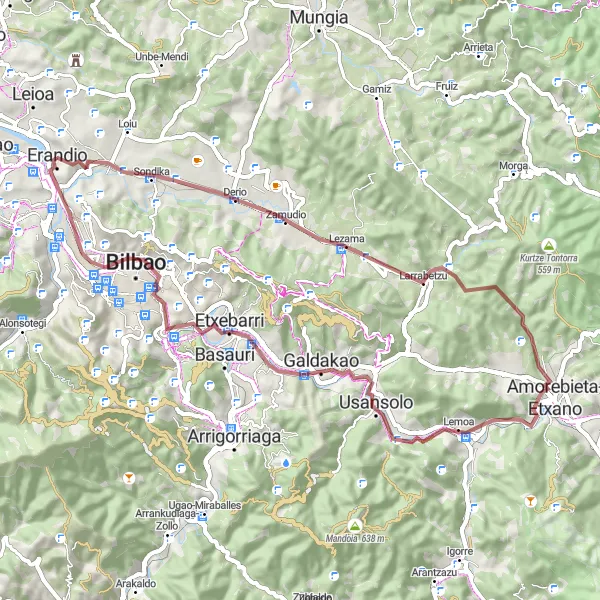 Miniatura della mappa di ispirazione al ciclismo "Giro in MTB a Erandio e dintorni" nella regione di País Vasco, Spain. Generata da Tarmacs.app, pianificatore di rotte ciclistiche