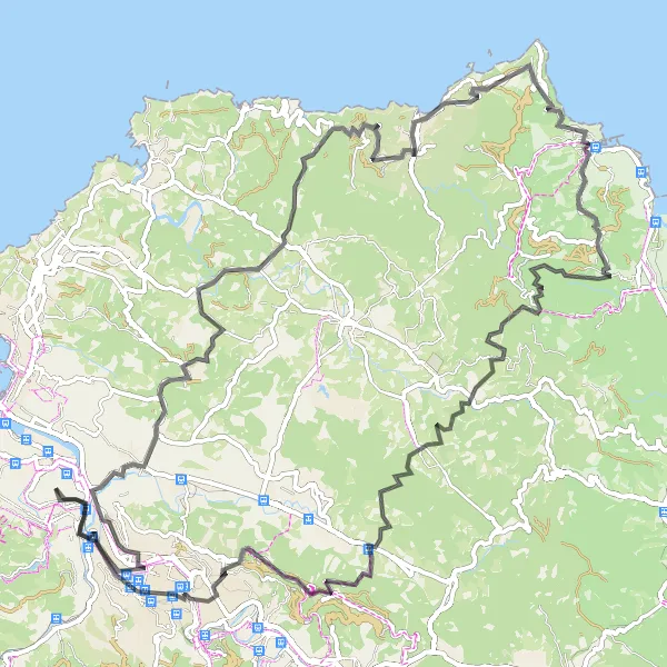 Miniatura della mappa di ispirazione al ciclismo "Periplo ciclistico da Erandio - 107 km" nella regione di País Vasco, Spain. Generata da Tarmacs.app, pianificatore di rotte ciclistiche