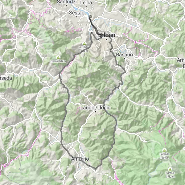 Miniatura della mappa di ispirazione al ciclismo "Giro in bicicletta da Erandio - 90 km" nella regione di País Vasco, Spain. Generata da Tarmacs.app, pianificatore di rotte ciclistiche