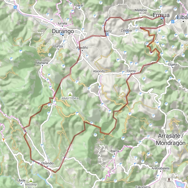 Miniaturní mapa "Cyklotrasa Ermua - Erdella - Anboto - Oleta - Saibi - Abadiño - Areitio - Mallabia" inspirace pro cyklisty v oblasti País Vasco, Spain. Vytvořeno pomocí plánovače tras Tarmacs.app