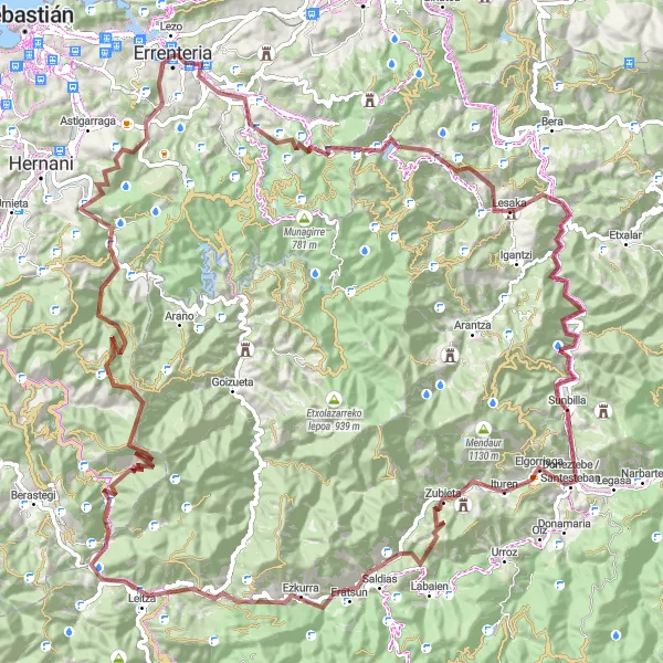 Miniature de la carte de l'inspiration cycliste "Défi montagneux à Ezkurra" dans la País Vasco, Spain. Générée par le planificateur d'itinéraire cycliste Tarmacs.app