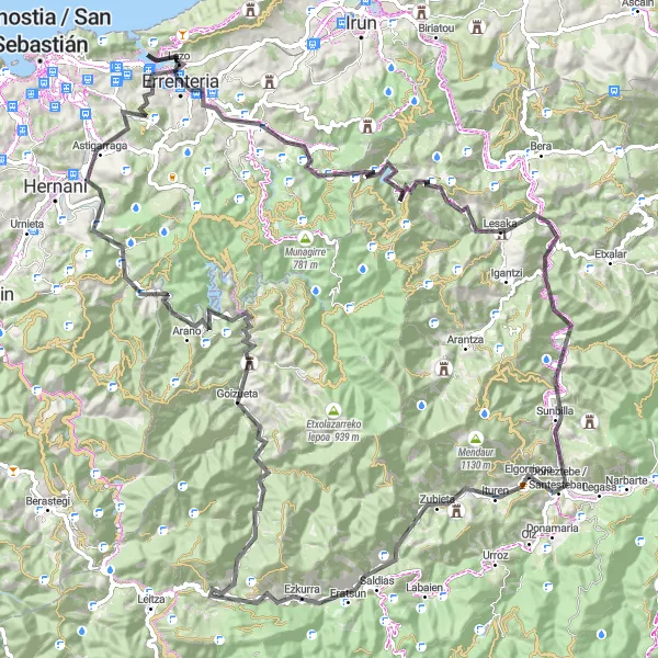 Miniature de la carte de l'inspiration cycliste "Le défi des montagnes basques" dans la País Vasco, Spain. Générée par le planificateur d'itinéraire cycliste Tarmacs.app