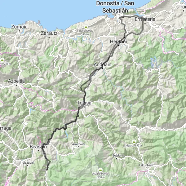 Map miniature of "Errenteria to Lazkao Cycling Tour" cycling inspiration in País Vasco, Spain. Generated by Tarmacs.app cycling route planner