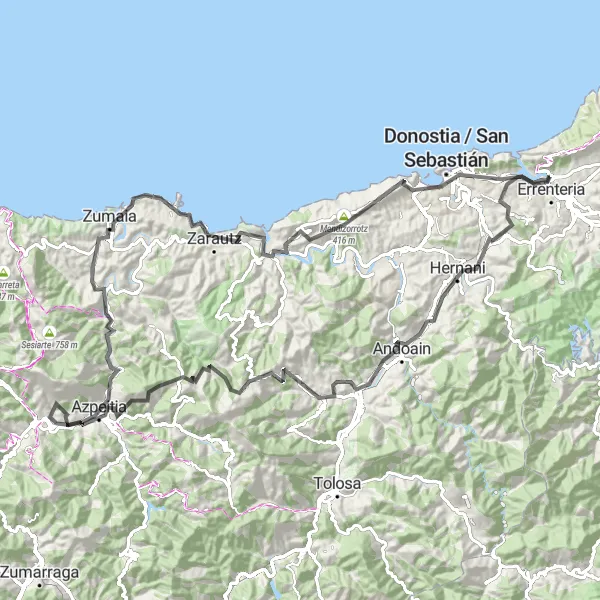 Miniaturní mapa "Epic Road Cycling Expedition in País Vasco" inspirace pro cyklisty v oblasti País Vasco, Spain. Vytvořeno pomocí plánovače tras Tarmacs.app