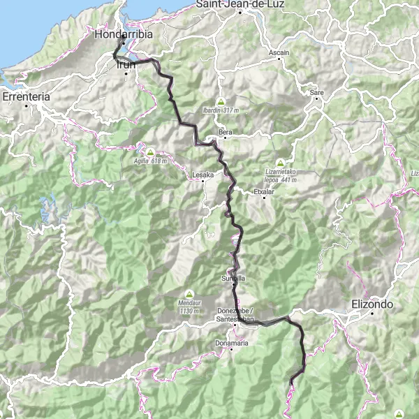 Miniatura della mappa di ispirazione al ciclismo "Sfide su strada tra montagne e castelli" nella regione di País Vasco, Spain. Generata da Tarmacs.app, pianificatore di rotte ciclistiche