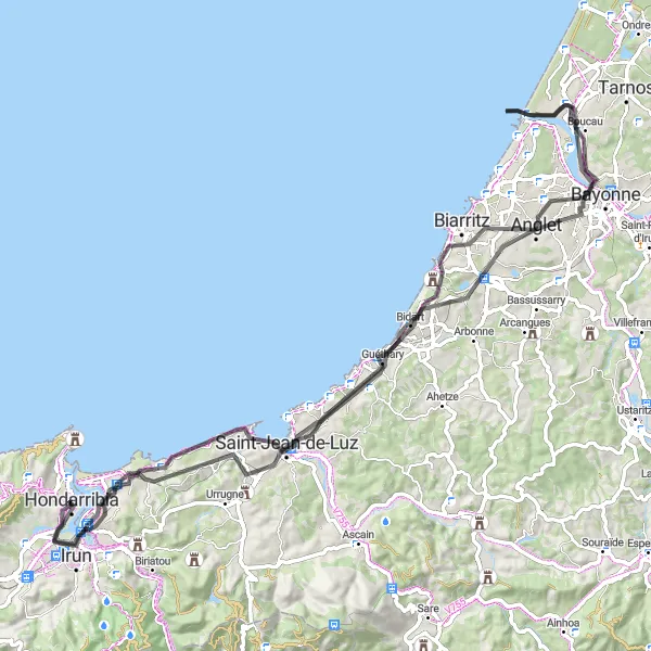 Miniature de la carte de l'inspiration cycliste "L'aventure côtière de Hondarribia à Biarritz en version route" dans la País Vasco, Spain. Générée par le planificateur d'itinéraire cycliste Tarmacs.app