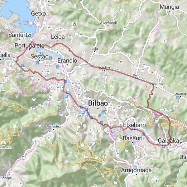 Miniatura della mappa di ispirazione al ciclismo "Sfida Gravel attraverso i paesaggi baschi" nella regione di País Vasco, Spain. Generata da Tarmacs.app, pianificatore di rotte ciclistiche