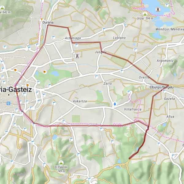 Miniatura della mappa di ispirazione al ciclismo "Giro in Gravel tra i paesaggi di Elburgo e Arkatxa" nella regione di País Vasco, Spain. Generata da Tarmacs.app, pianificatore di rotte ciclistiche
