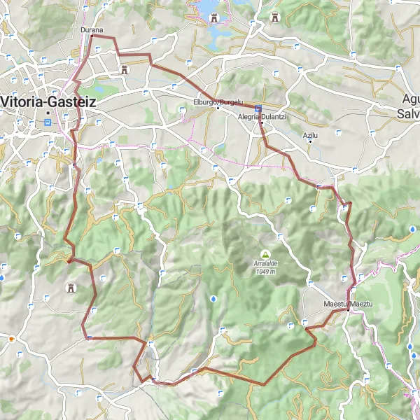 Miniatura della mappa di ispirazione al ciclismo "Rotta di Alegría-Dulantzi e Betoño" nella regione di País Vasco, Spain. Generata da Tarmacs.app, pianificatore di rotte ciclistiche
