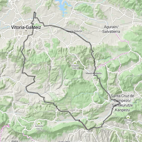 Miniatura della mappa di ispirazione al ciclismo "Giro panoramico attraverso i monti vicino a Gasteiz" nella regione di País Vasco, Spain. Generata da Tarmacs.app, pianificatore di rotte ciclistiche