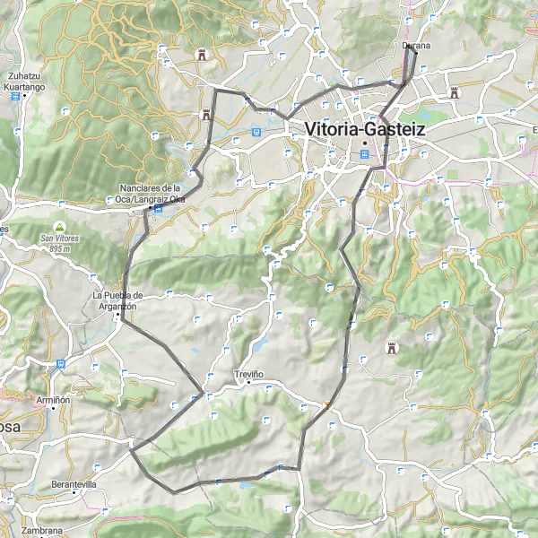 Miniaturní mapa "Road Kolem Gasteizu" inspirace pro cyklisty v oblasti País Vasco, Spain. Vytvořeno pomocí plánovače tras Tarmacs.app