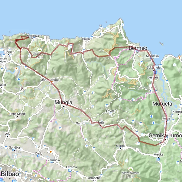 Miniatura della mappa di ispirazione al ciclismo "Esplorazione Gravel intorno a Gernika-Lumo" nella regione di País Vasco, Spain. Generata da Tarmacs.app, pianificatore di rotte ciclistiche