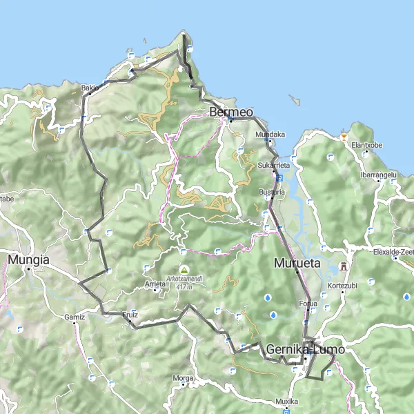 Karten-Miniaturansicht der Radinspiration "Road-Bike-Rundfahrt mit 1288 m Anstieg auf 68 km in der Nähe von Gernika-Lumo" in País Vasco, Spain. Erstellt vom Tarmacs.app-Routenplaner für Radtouren