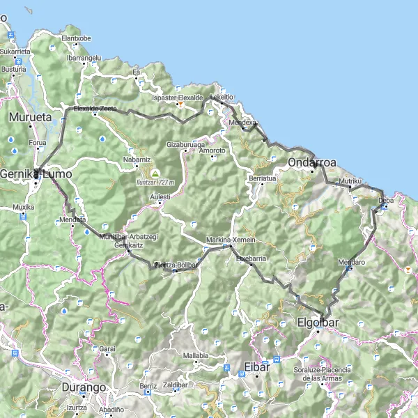 Miniatura della mappa di ispirazione al ciclismo "Scoperta delle Montagne intorno a Gernika-Lumo" nella regione di País Vasco, Spain. Generata da Tarmacs.app, pianificatore di rotte ciclistiche