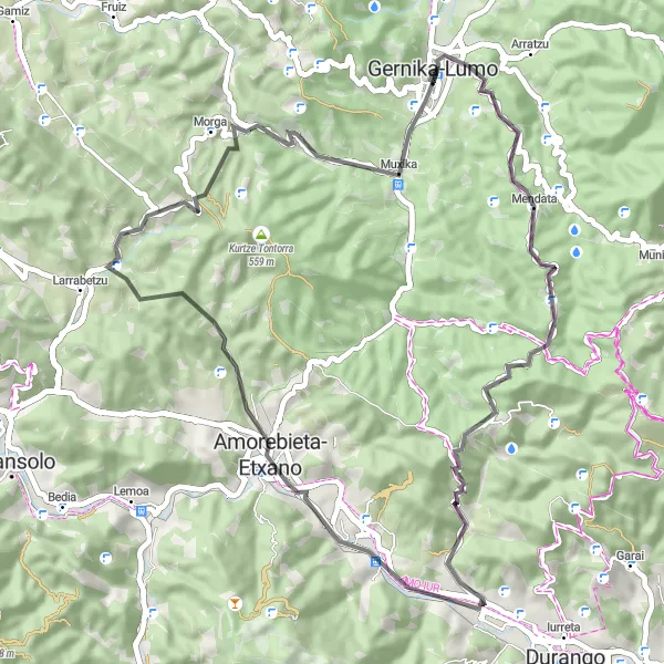 Miniatua del mapa de inspiración ciclista "Ruta en bicicleta desde Gernika-Lumo a través del País Vasco" en País Vasco, Spain. Generado por Tarmacs.app planificador de rutas ciclistas