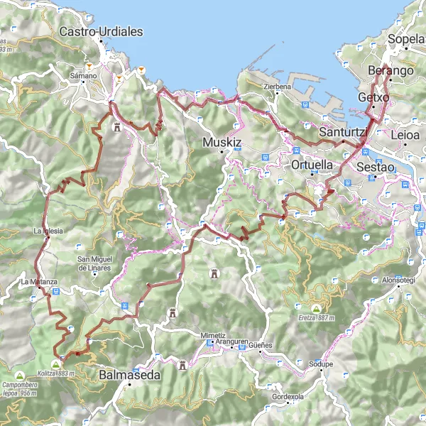 Miniature de la carte de l'inspiration cycliste "Défi gravel: Pont suspendu de Bizkaia et Pays Basque intérieur" dans la País Vasco, Spain. Générée par le planificateur d'itinéraire cycliste Tarmacs.app