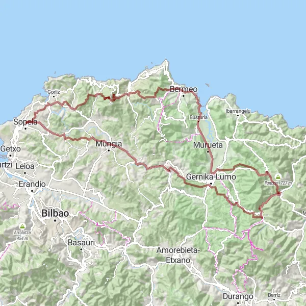 Map miniature of "Gravel Adventure through Busturia and Garbola" cycling inspiration in País Vasco, Spain. Generated by Tarmacs.app cycling route planner