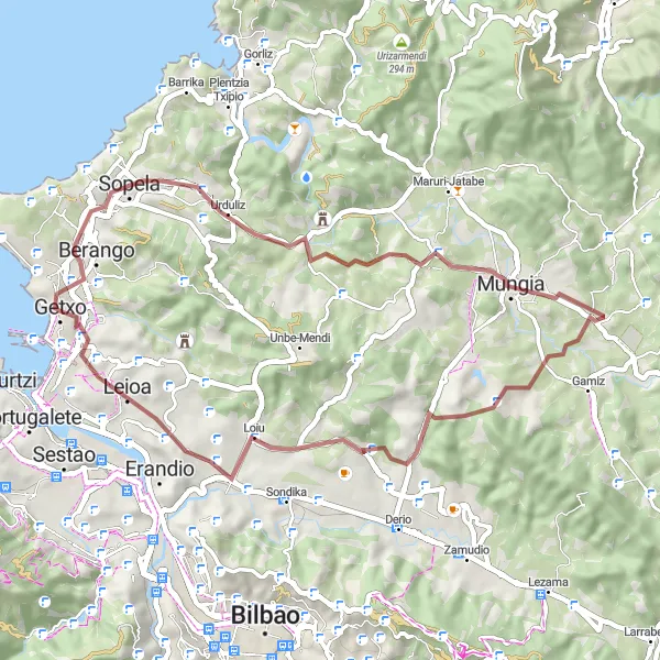 Miniaturní mapa "Sopela Gravel Adventure" inspirace pro cyklisty v oblasti País Vasco, Spain. Vytvořeno pomocí plánovače tras Tarmacs.app
