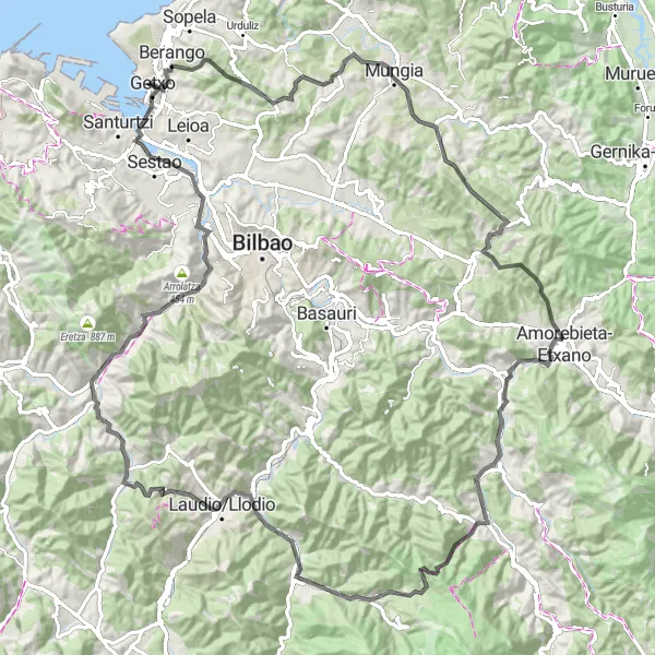 Miniatura della mappa di ispirazione al ciclismo "Giro ciclistico verso Munarrikolanda" nella regione di País Vasco, Spain. Generata da Tarmacs.app, pianificatore di rotte ciclistiche