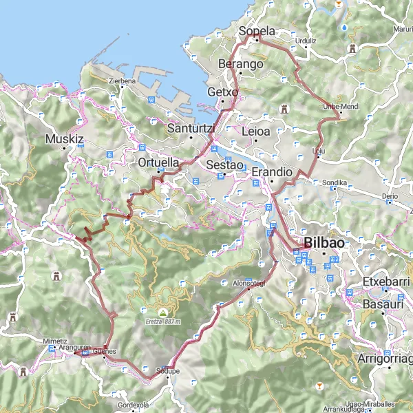 Miniatura della mappa di ispirazione al ciclismo "Percorso in bici di 80 km con partenza da Güeñes " nella regione di País Vasco, Spain. Generata da Tarmacs.app, pianificatore di rotte ciclistiche