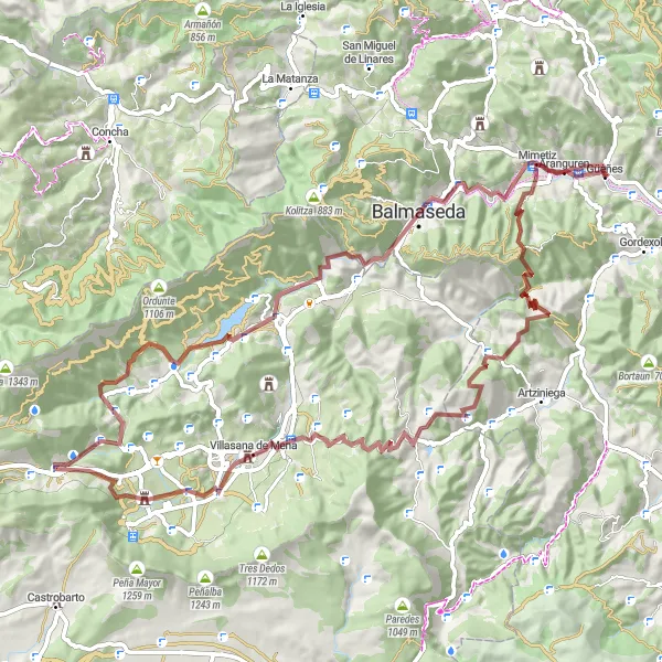 Map miniature of "Güeñes - Rioya - Santa Koloma - Pando - Villasana de Mena - La Encinilla - Balmaseda - Mimetiz - Güeñes (Gravel)" cycling inspiration in País Vasco, Spain. Generated by Tarmacs.app cycling route planner