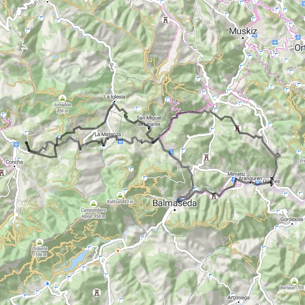 Miniatuurkaart van de fietsinspiratie "Weg fietsroute rond Güeñes" in País Vasco, Spain. Gemaakt door de Tarmacs.app fietsrouteplanner