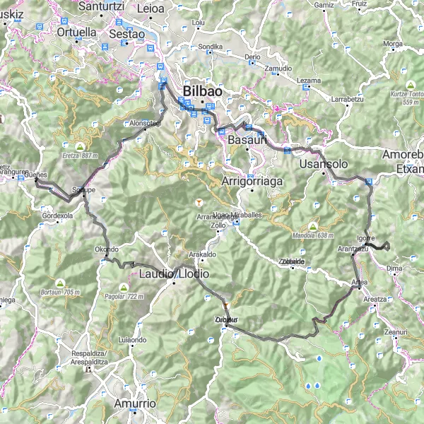 Miniatua del mapa de inspiración ciclista "Ruta en bici de carretera desde Güeñes" en País Vasco, Spain. Generado por Tarmacs.app planificador de rutas ciclistas