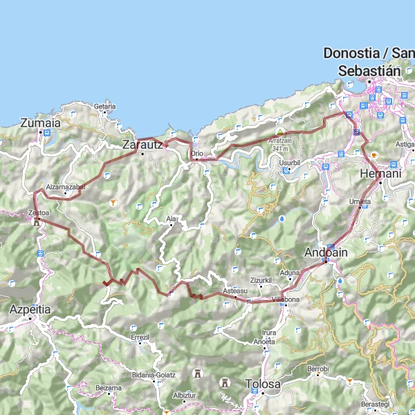 Miniatura della mappa di ispirazione al ciclismo "Giro panoramico in Gravel da Hernani" nella regione di País Vasco, Spain. Generata da Tarmacs.app, pianificatore di rotte ciclistiche