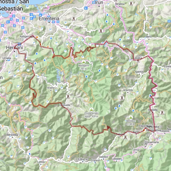 Miniatura della mappa di ispirazione al ciclismo "Esplorazione in bicicletta da Hernani a Ereñotzu" nella regione di País Vasco, Spain. Generata da Tarmacs.app, pianificatore di rotte ciclistiche