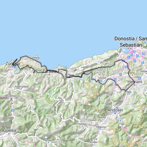 Miniatua del mapa de inspiración ciclista "Ruta de ciclismo en carretera desde Hernani hasta Zumaia" en País Vasco, Spain. Generado por Tarmacs.app planificador de rutas ciclistas