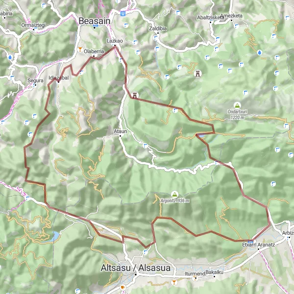 Miniatura mapy "Trasa rowerowa Idiazabal - Lazkao - Itaundieta - Zamar - Lizarragabengoa - Azunzartegain - Zorroztarri" - trasy rowerowej w País Vasco, Spain. Wygenerowane przez planer tras rowerowych Tarmacs.app