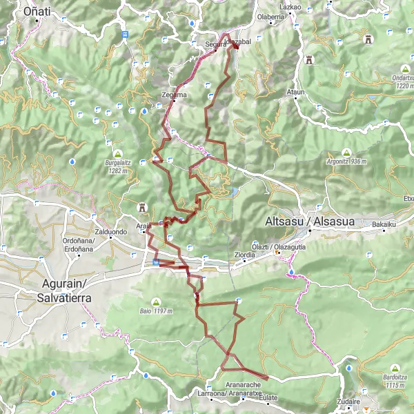 Miniatuurkaart van de fietsinspiratie "Gravel Cycling Route to Umandia" in País Vasco, Spain. Gemaakt door de Tarmacs.app fietsrouteplanner