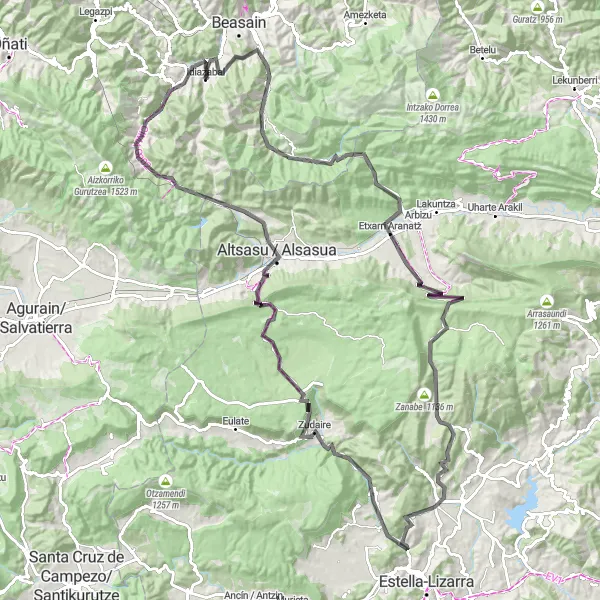 Miniatua del mapa de inspiración ciclista "Ruta de Ciclismo de Carretera desde Idiazabal - Vuelta de 136km" en País Vasco, Spain. Generado por Tarmacs.app planificador de rutas ciclistas