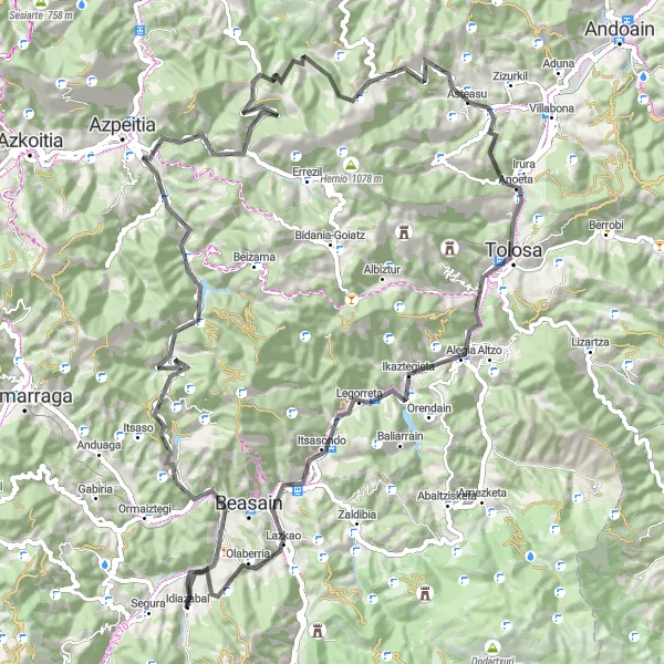 Map miniature of "Idiazabal Circular Road Route" cycling inspiration in País Vasco, Spain. Generated by Tarmacs.app cycling route planner