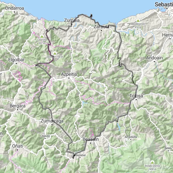 Miniatura della mappa di ispirazione al ciclismo "Per le colline del País Vasco" nella regione di País Vasco, Spain. Generata da Tarmacs.app, pianificatore di rotte ciclistiche