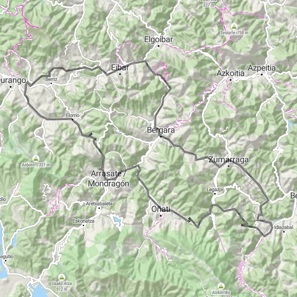 Miniatura mapy "Trasa szosowa przez Zerain, Aztiria i Arrasate / Mondragón" - trasy rowerowej w País Vasco, Spain. Wygenerowane przez planer tras rowerowych Tarmacs.app