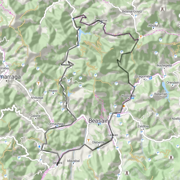 Miniaturní mapa "Silniční trasa Mutiloa - Segura" inspirace pro cyklisty v oblasti País Vasco, Spain. Vytvořeno pomocí plánovače tras Tarmacs.app