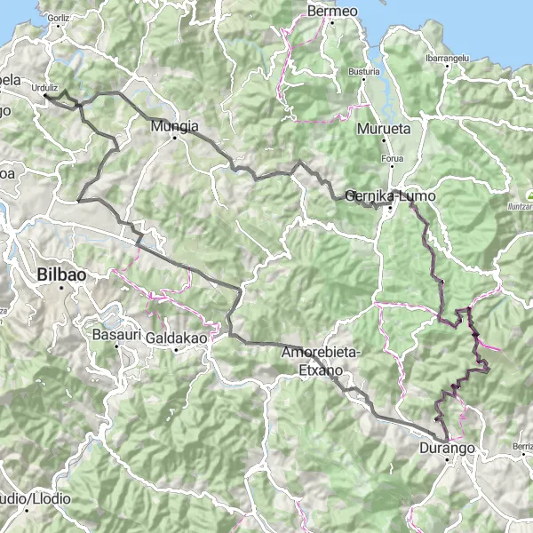 Miniaturní mapa "Cyklotrasa Landa - Gatika - Arkotxa - Maiaga - Guernica - Urrutxua - Jandolamendi - Durango - San Román - Zamudio - Lanomendi - Elexalde - Kukutza" inspirace pro cyklisty v oblasti País Vasco, Spain. Vytvořeno pomocí plánovače tras Tarmacs.app