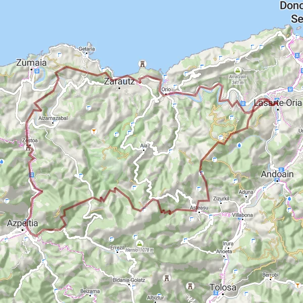 Miniatura della mappa di ispirazione al ciclismo "Percorso in bicicletta tra Lasarte e la campagna circostante" nella regione di País Vasco, Spain. Generata da Tarmacs.app, pianificatore di rotte ciclistiche