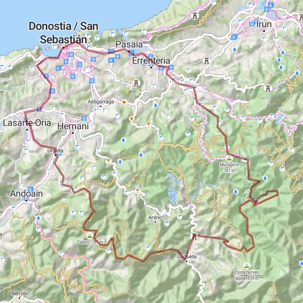 Miniatura della mappa di ispirazione al ciclismo "Giro in bicicletta tra Lasarte e le montagne circostanti" nella regione di País Vasco, Spain. Generata da Tarmacs.app, pianificatore di rotte ciclistiche