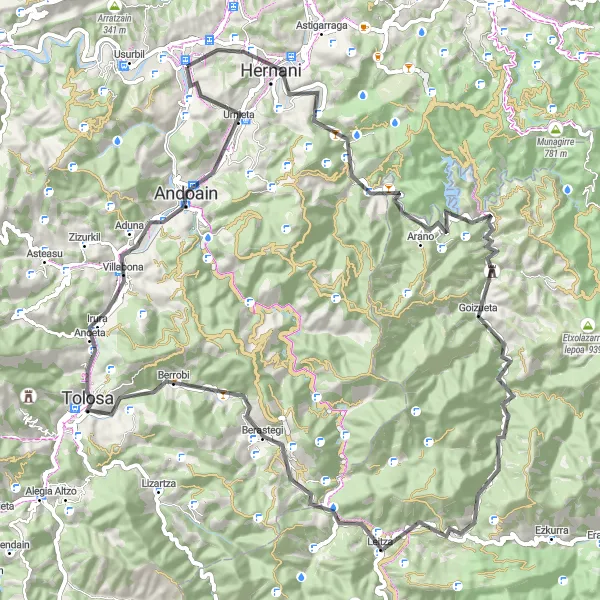 Miniatua del mapa de inspiración ciclista "Ruta de ciclismo en Lasarte - Oriamendi - Hernani - Arano - Urraideko lepoa - Gorriztaran - Baztarla - Larre - Ibarra - Villabona - Benedika" en País Vasco, Spain. Generado por Tarmacs.app planificador de rutas ciclistas