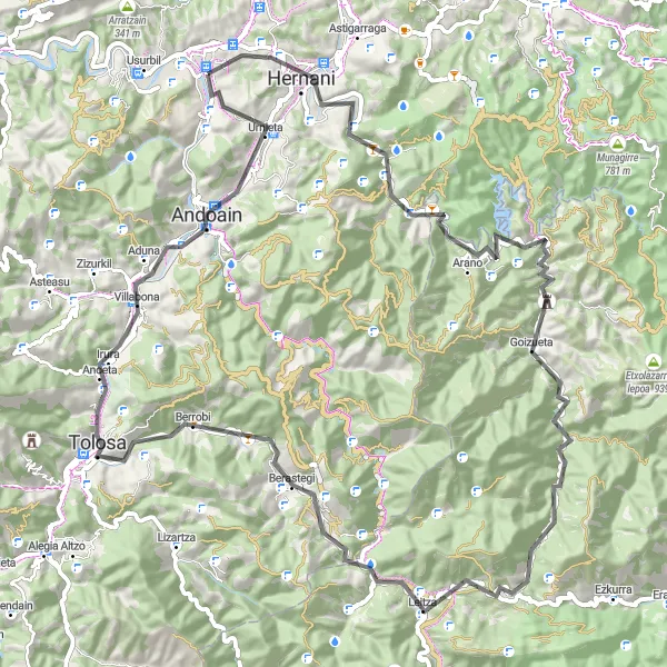 Miniatura della mappa di ispirazione al ciclismo "Circuito ciclistico intorno a Lasarte: Visitando Oriamendi e Villabona" nella regione di País Vasco, Spain. Generata da Tarmacs.app, pianificatore di rotte ciclistiche