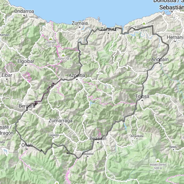 Map miniature of "The Basque Roller Coaster" cycling inspiration in País Vasco, Spain. Generated by Tarmacs.app cycling route planner