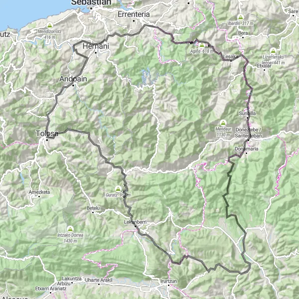 Map miniature of "Lasarte - Andoain Road Route" cycling inspiration in País Vasco, Spain. Generated by Tarmacs.app cycling route planner