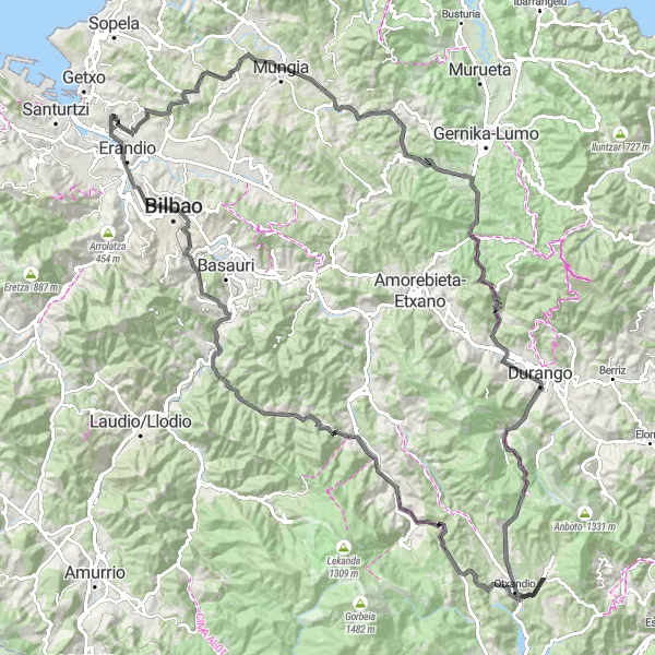 Miniatura della mappa di ispirazione al ciclismo "Giro in bicicletta da Leioa attraverso Kuskullueta, Fruiz e Otxandio" nella regione di País Vasco, Spain. Generata da Tarmacs.app, pianificatore di rotte ciclistiche